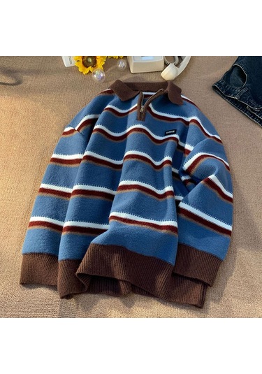 Japonya Erkek Y2k Örme Sıcak Polo Örgü Çizgili Balıkçı Yaka Kazak Gömlek Kış Sokak Giyim Hoodie Kore Giysileri Jumper Erkek Lacivert