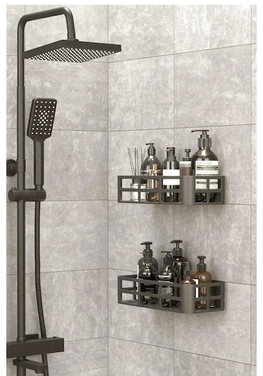 2'li Set Banyo Duş Rafı Şampuanlık, Sabunluk Siyah Yapışkanlı Siyah