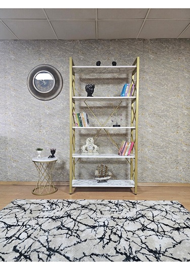 Gold Boyalı Kitaplık - 5 Raflı Suntalem Lüks Kitaplık Beyaz Merme Çok Renkli