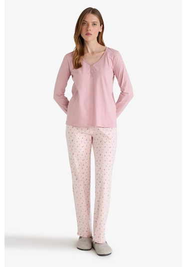 Defacto Pijama Takımı Regular Fit Uzun Kollu Üst Desenli Uzun Alt-fall İn Love G0229ax25aupn364 Pembe