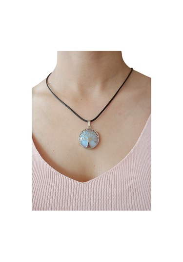 Opalit Doğal Taşlı Hayat Ağacı Çelik Kolye - Kadın Beyaz