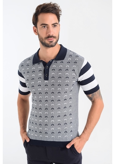 Heyss Polo Yaka Kısa Kollu Desenli Erkek Triko (380736880) Lacivert