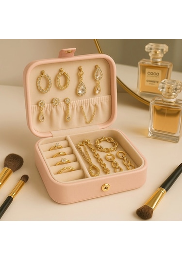 Deri Mini Baklava Desenli Seyahat Takı Bijuteri Mücevher Kutusu Organizer Düzenleyici 11,5cm Pembe İ