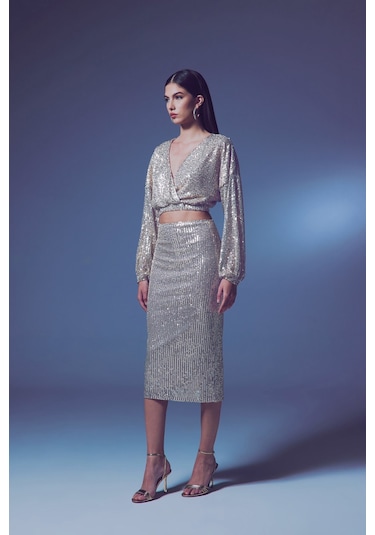 Sateen Payet Detaylı Kalem Etek - Bej-135400 Bej