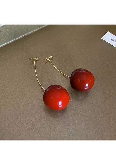 Altın Kaplama Kiraz Cherry Küpe Kırmız - Altın