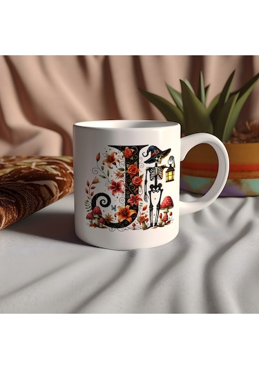 J Harfi Şapkalı İskelet Figürlü Ve Çiçekli Kupa Bardak - Cadılar Bayramı / Halloween Özel Hediye 07 Beyaz