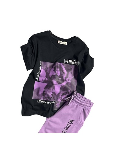 Riccotarz Kız Çocuk Wednesday Baskı Figürlü Ve Yazı Baskılı Penye T-shirt Lila Şortlu Takım Lila