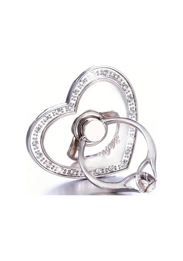 Goldenqian 1 Adet Elmas Şeftali Kalp Metal Parmak Yüzük Telefon Tutucu Cep Telefonu Evrensel Destek Aksesuarları Samsung İphone Silver Silver