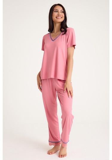 Dream Pembe Viskon V Yaka Dantel Detaylı Pijama Takımı Pembe