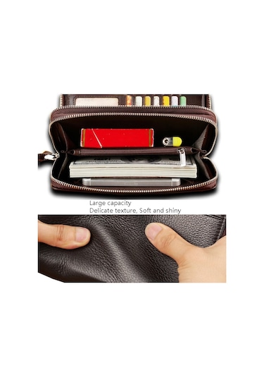 Sones Leınasen A80 Çoklu Kart Erkek El Çantası Çift Fermuarlı Büyük Kapasiteli Cüzdan Siyah