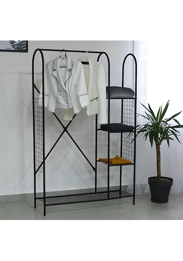 METAL 5 RAFLI AYAKKABILIK ELBİSE ASKILIĞI PORTMANTO VE GARDIROP Siyah