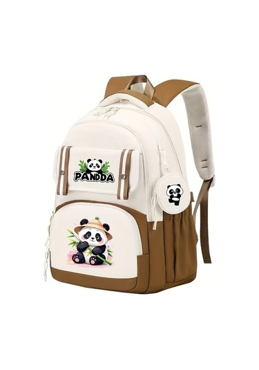 Wangxi Kahverengi Panda Desenli Günlük Geniş Kapasiteli Çok Cepli Fermuarlı Ayarlanabilir Askılı Hafif Sırt Çantası Kahverengi