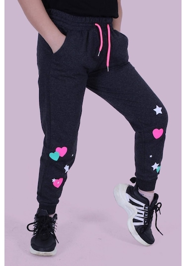 Kalp Ve Yıldız Desen Detaylı Kız Çocuk Antrasit Eşofman Altı Antrasit