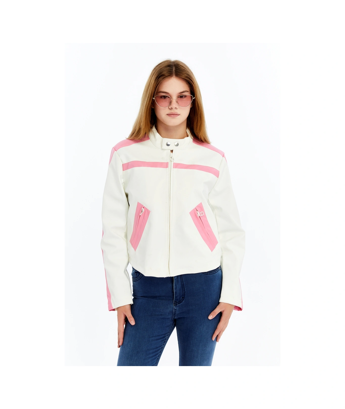 Kadın Şeritli Deri Ceket Günlük Kullanım Niş Özgün Tasarım Mont Fermuarlı Standart Bomber Ceket Beyaz