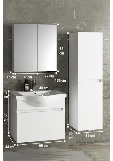 Yıldız 65+35 Cm Beyaz Mdf Lavabolu Asma Banyo Dolabı Takımı Beyaz