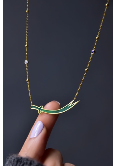 Papatya Silver 925 Ayar Gümüş Mineli Toplu Parlayan Rüya Serisi Tasarım Ebruli Cam Boyalı Zülfikar Kılıcı Kolye