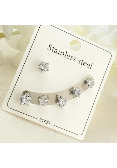 Tektaş Küpe Yıldız Model Tektaş Üçlü Set Küpe Kararmaz Çelik Silver