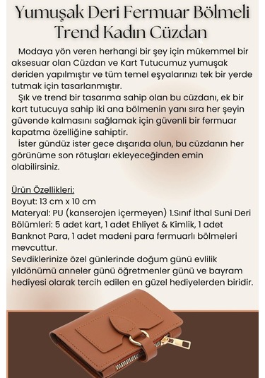 Yumuşak Suni Deri Fermuar Bölmeli Trend Kadın Cüzdan - Prs-elif-turuncu Turuncu