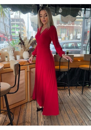 Kadın Kruvaze Yaka Maxi Boy Elbise Kırmızı