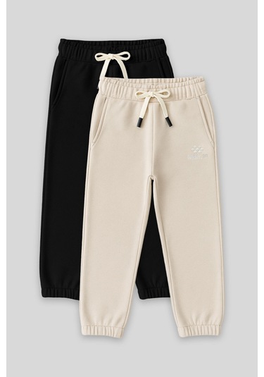 Standart Fit Basic 2li Paket Siyah-bej Erkek Çocuk Eşofman Alt - 11225 Siyah - Beyaz