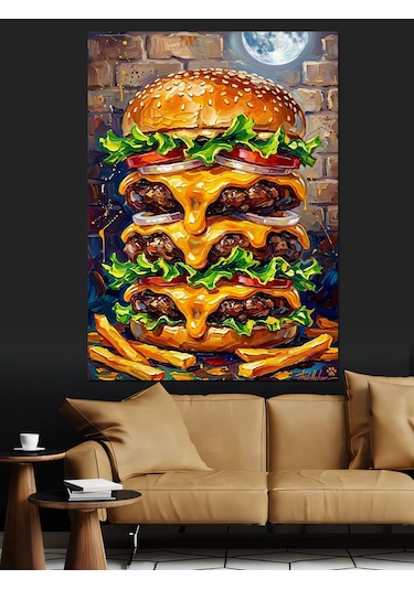 Ay Işığı Altında Devasa Katlı Hamburger Dekoratif Kanvas - Mdf Ahşap Tablo