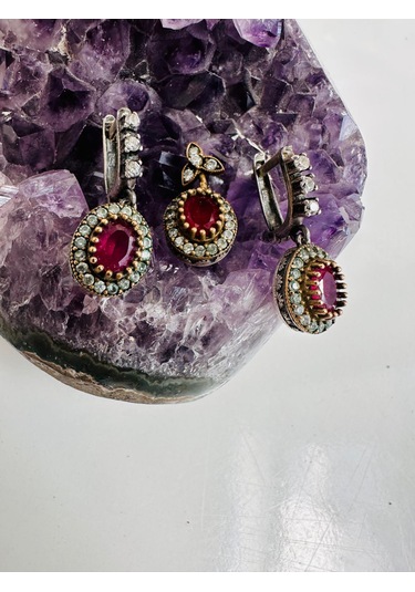 Gümüş Set Takım 1 Çift Küpe Ve 1 Kolye Yakut Ve Zirkon Taşlı