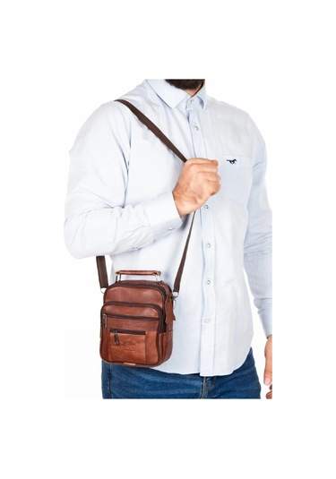 Newish Polo Erkek Taba Hakiki Deri Çelik Kasalı Omuz Ve El Çantası 15x19cm New274 Taba