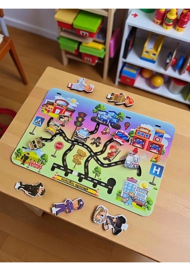 Ahşap Koordinasyon Oyunu Hareketli Araçlar, Meslekler Ve Trafik Levhaları