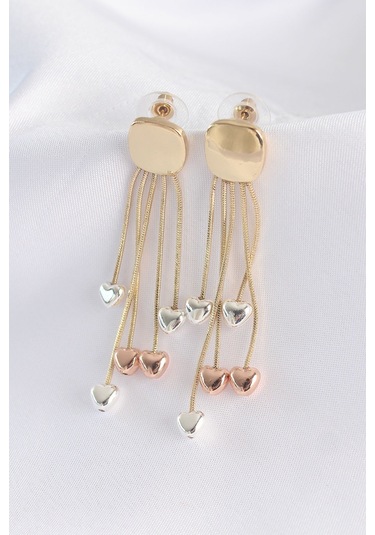 Ezoconcept Pirinç Gold Renk Düz Plaka Renkli Kalp Detay Küpe