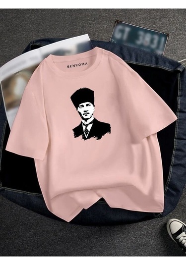 Atatürk Baskılı Oversize Unisex Tişört Pembe