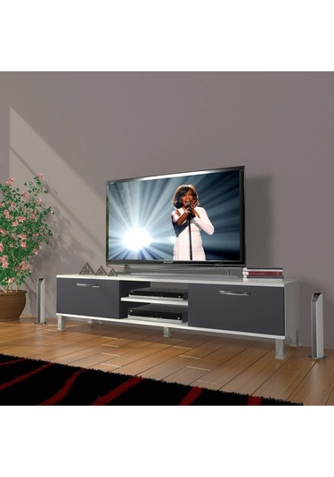 Decoraktiv Eko 140 Mdf Dvd Krom Ayaklı Tv Ünitesi Tv Sehpası - Beyaz - Antrasit Beyaz - Antrasit