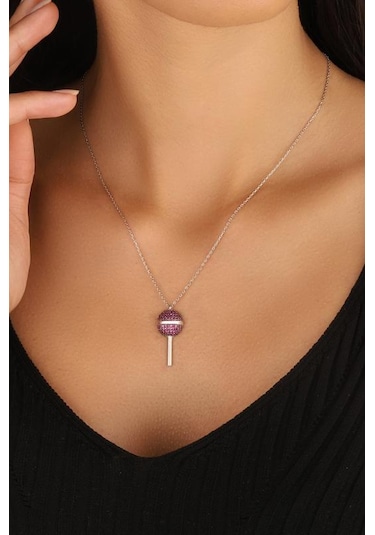 Pembe Taşlı Lolipop Şeker Gümüş Kolyesi Rose Gold