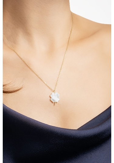 Dört Yapraklı Yonca 18 Ayar Sarı Altın Kaplama 45 Cm Gümüş Şans Kolye Sarı