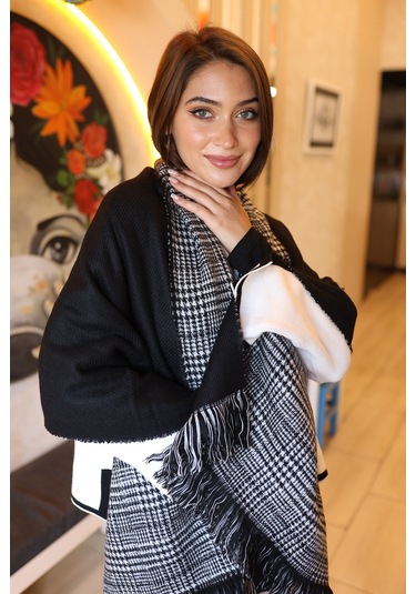 Çift Taraflı Kazayağı Desenli Atkı Omuz Şalı 70x185 CM 1212 Siyah