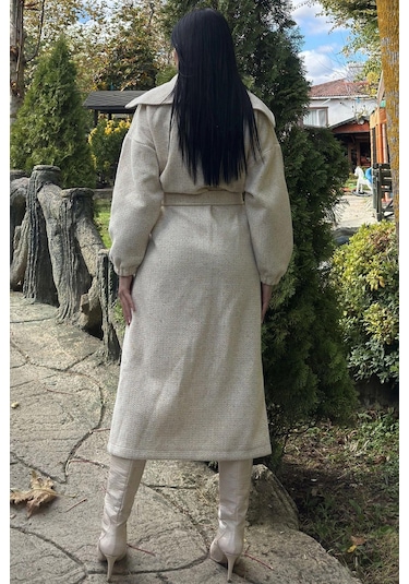 Ekru Cepli, Balon Kol, Kemerli, Kalın Örgü Triko, Uzun Kaban Ekru