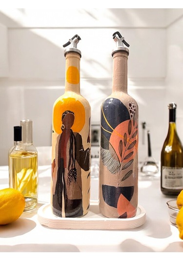 El Yapımı Dekoratif Yağdanlık, Afro Kadın Ve Tropikal Yaprak Desenli Zeytinyağı, Sirkelik, Sosluk Se Barok