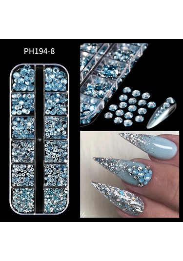 1200pc + Safir Mavi Nail Art Rhinestones 12grid Çok Şekiller Kristal Taşlar Tırnak Takılar Flatback Yuvarlak Boncuk Cam Elmas Taş Koyu Haki