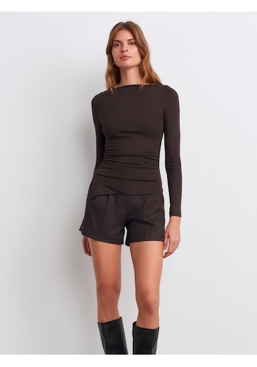 Dilvin 32198 Kayık Yaka Büzgülü Top-koyu Kahve Koyu Kahve