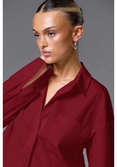 Tarz Cool Kadın Oversize Gömlek Uzun Kollu Basic Salaş Kesim Poplin Trend Şık Günlük Gömlek Bordo