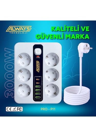 Akım Korumalı 6'lı Grup Priz 4 Usb'li Ve 2 Type-c Li 6'lı Grup Priz 2 M Kablo Çocuk Korumalı 2 M