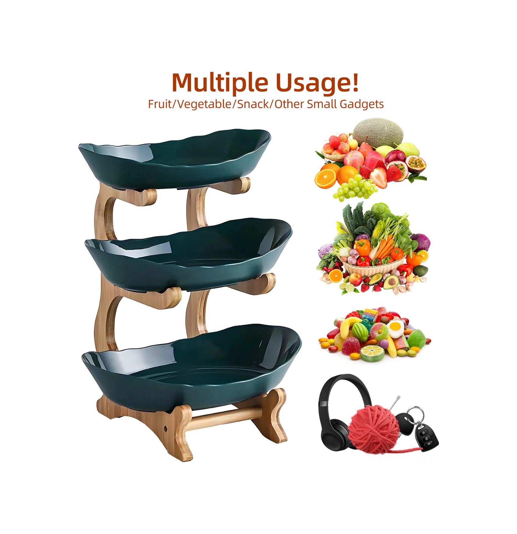 Geeksen Koyu Yeşil 3 Katlı Bambü Plastik Mutfak Sepeti - Meyve, Atıştırmalık, Tatlı Serim Panosu - Oturma Odası, Çay Masası Dekoratif Sunum Rafı Koyu Yeşil