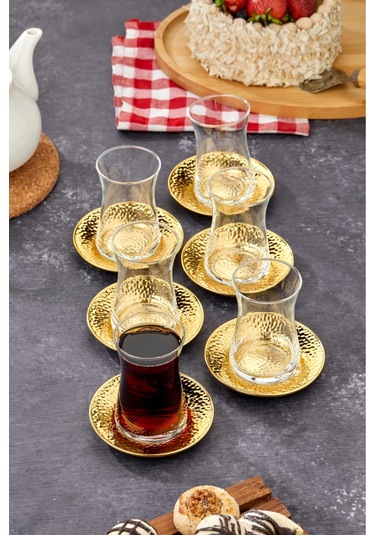 Cooker 6'lı Metal Dövme Desen Çay Tabağı Gold Ckr3579 Gold