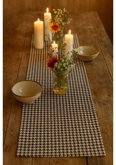 Siyah Beyaz Kazayağı Şık Masa Runnerı 50x150 Cm Modern Ve Zarif Masa Örtüsü Runner Siyah Beyaz Kazayağı