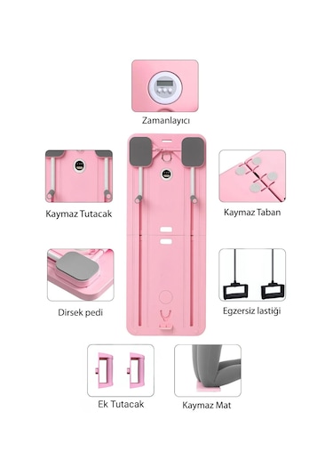 Pilates Aleti Zamanlayıcılı, Direnç Bantlı Çok Amaçlı Egzersiz Tahtası Açık Pembe