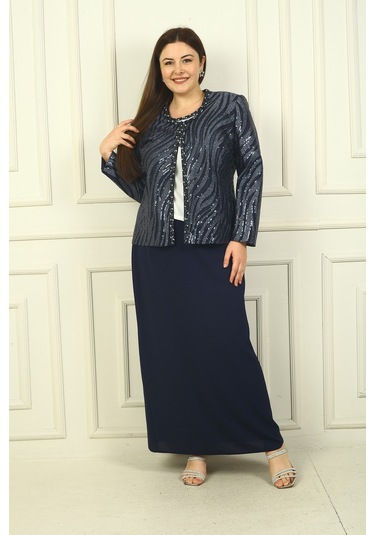 Kadın Pulpayet Ceket Yarım Ay Kollu Bluz Astarlı Krep Uzun Etek Büyük Beden 3'lü Takım Lacivert Kadın Pulpayet Ceket Yarım Ay Kollu Bluz Astarlı Krep Uzun Etek Büyük Beden 3'lü Takım Lacivert