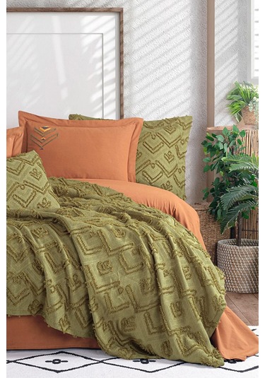 İyi Geceler İstanbul Aztec Haki Çift Kişilik %100 Pamuk Yatak Örtüsü Seti Haki