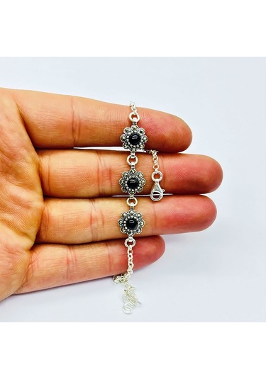 Oltu Taşı Ve Gül Markazit Model 925 Ayar Gümüş Bileklik Gümüş  - Siyah