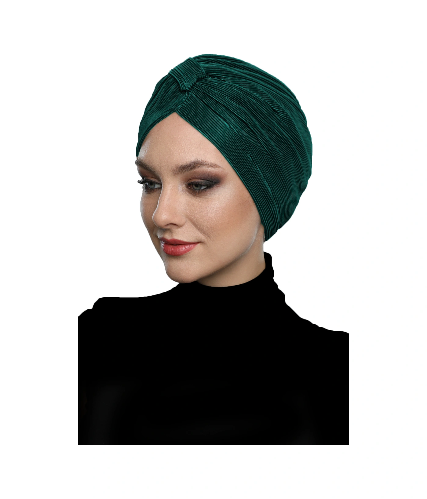 Çapraz Plise Bantlı Astarlı Yeşil Hazır Türban Tesettür Havuz Bonesi Hürrem