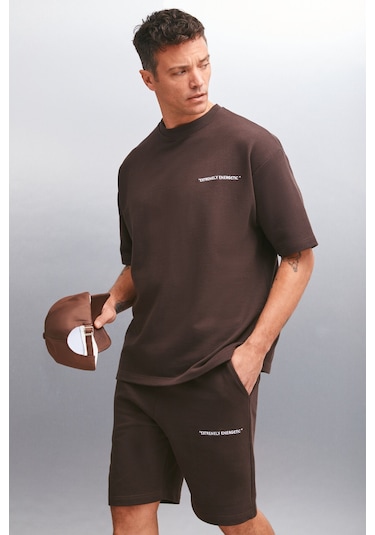 Colombıa Erkek 2'li Set Comfort Fit Rahat Kalıp Yazı Nakışlı Şardonsuz Kahverengi Eşofman Takımı