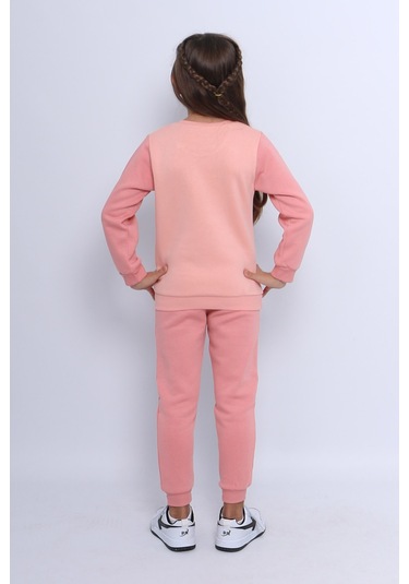 Kız Çocuk 3 İplik Eşofman Takımı Kedi Baskılı E4 Somon